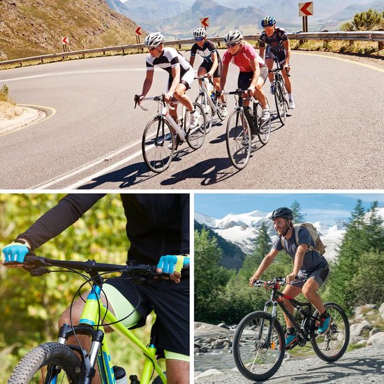 Een collage van fietsers op een weg en in de natuur. Een set zwarte fietsremmen is in het midden afgebeeld, samen met detailfoto's van fietssturen.