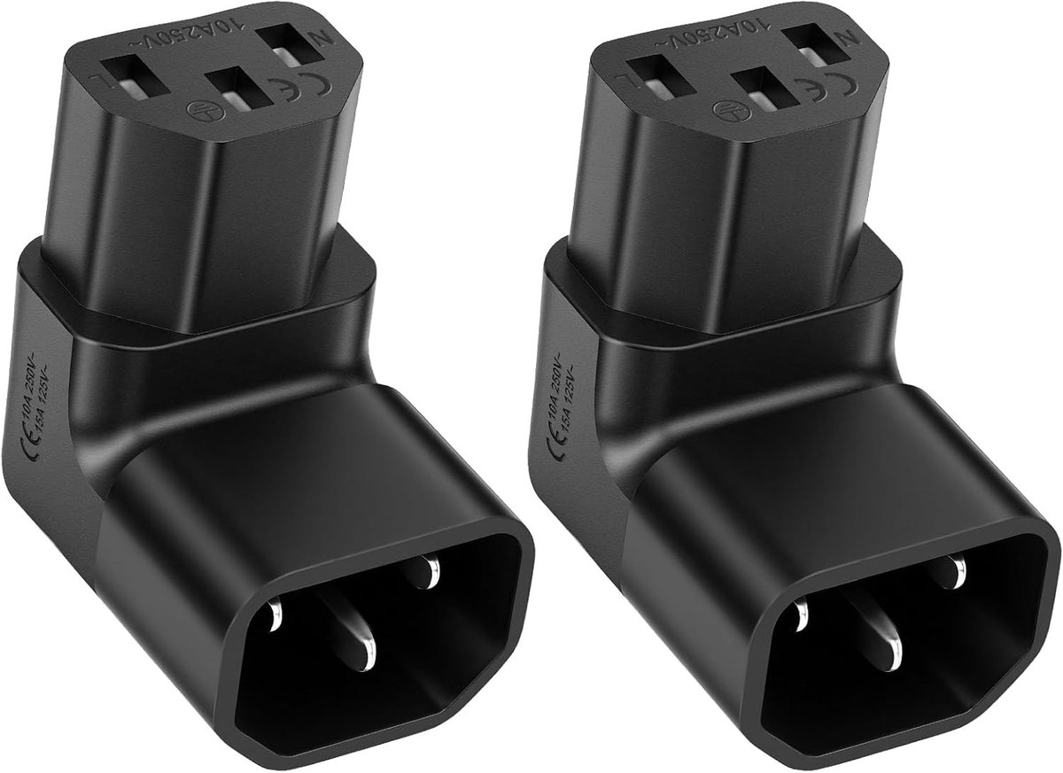 2 Stuks IEC C14 naar C13 Hoekstekker 90° - PVC Materiaal 250V 10A voor Computer, Monitor en Printer