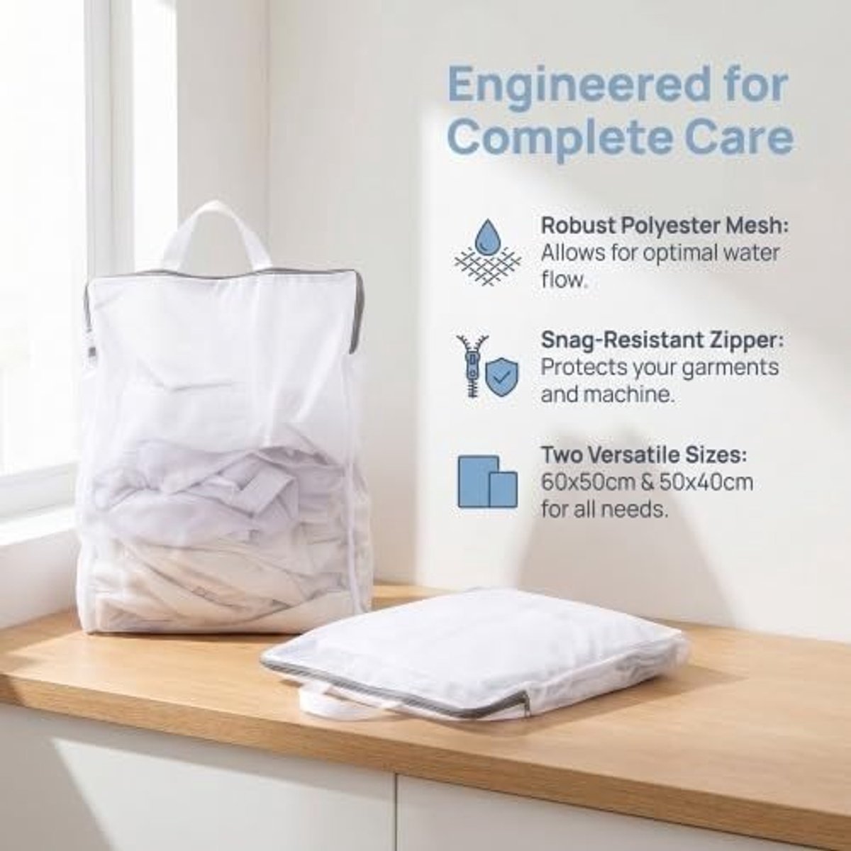 Set van 2 Herbruikbare Waszakken van Netstof 60 x 50 cm en 50 x 40 cm voor Kleding, Ondergoed en Delicate Was