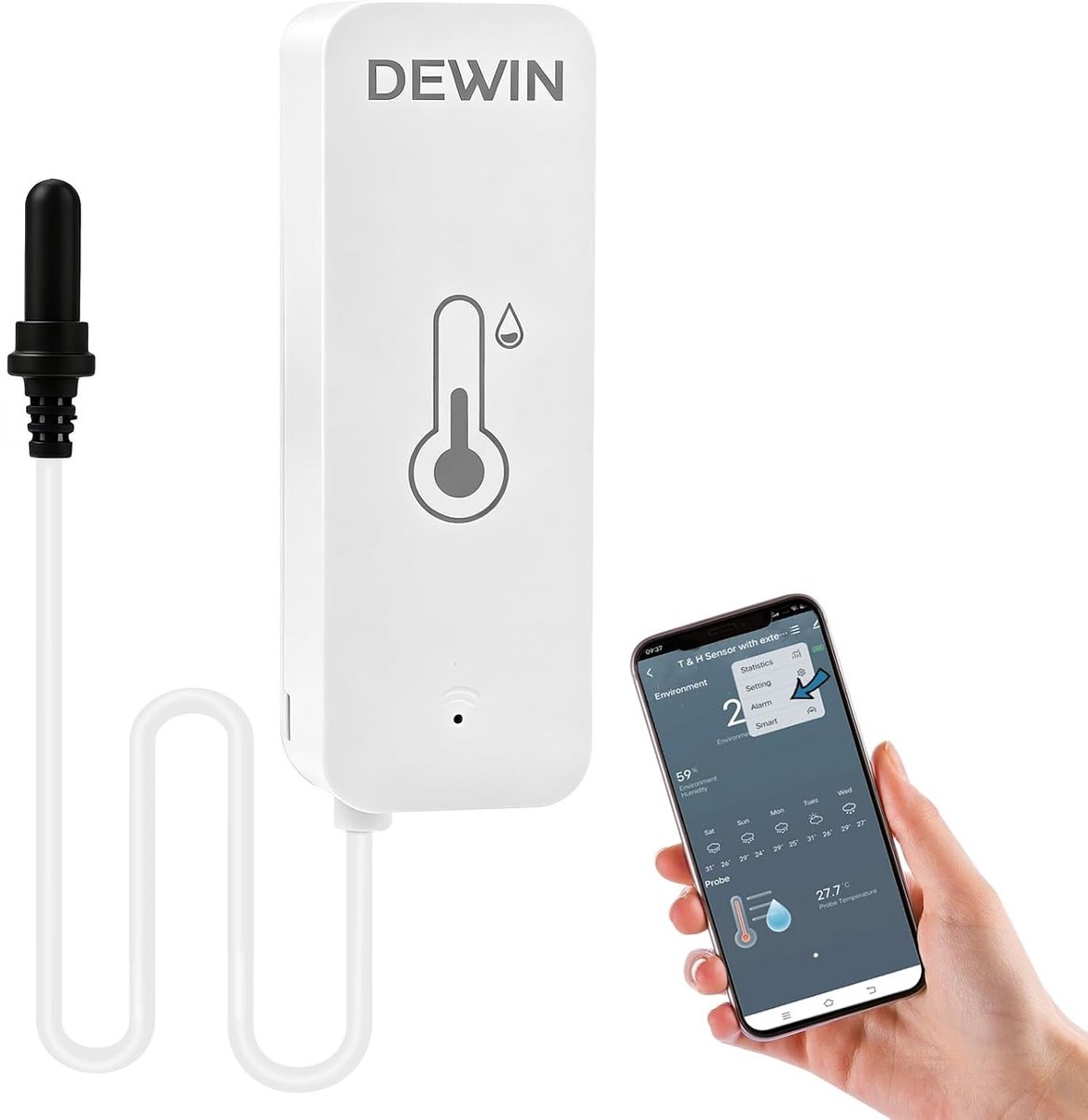 WiFi Thermometer en Hygrometer voor Binnen en Buiten met App, 1m Probe, Ondersteunt Afstandsbediening, Alarm en Gegevensregistratie