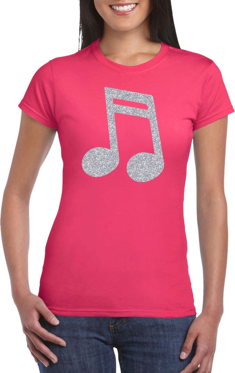 Afbeelding van product Bellatio Decorations  Zilveren muziek noot / muziek feest t-shirt / kleding - roze - voor dames - muziek shirts / muziek liefhebber / outfit XXL  - maat XXL