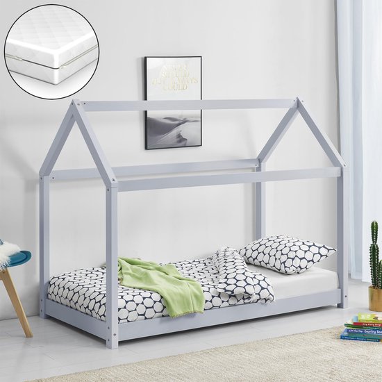 Kinderbed houten bed incl. matras huisbed 70x140 cm lichtgrijs | bol.com