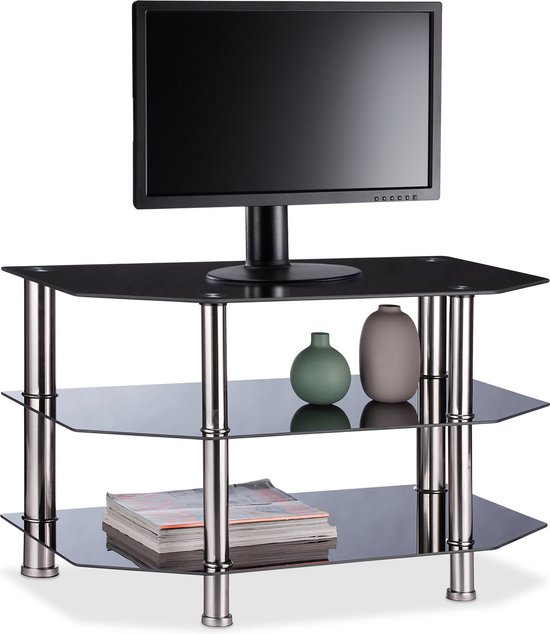 oosten prachtig Samengesteld Relaxdays TV meubel glas - televisietafel zwart - lowboard 3 etages - tv  kast open design | bol.com