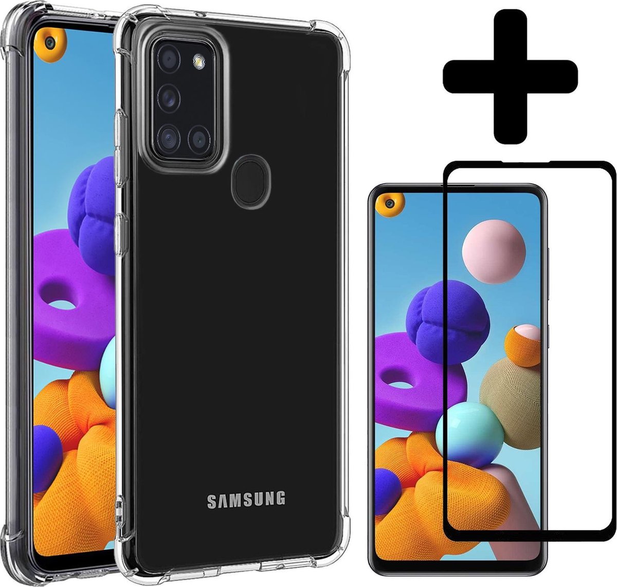 Hoesje - Met Screenprotector - Geschikt voor Samsung Galaxy A21s - Sterk & Shockproof - Siliconen Case - Back Cover - Telefoon Hoes - Shock Proof - Telefoonhoesjes - Transparant
