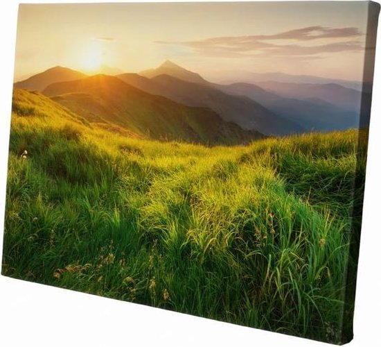 Groen landschap met zonsondergang | 30  x 20 CM | Natuur | Schilderij | Canvasdoek | Schilderij op canvas