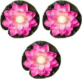 Set van 3x stuks roze waterlelies met LED-licht 13 cm - Kunstbloemen en vijver planten