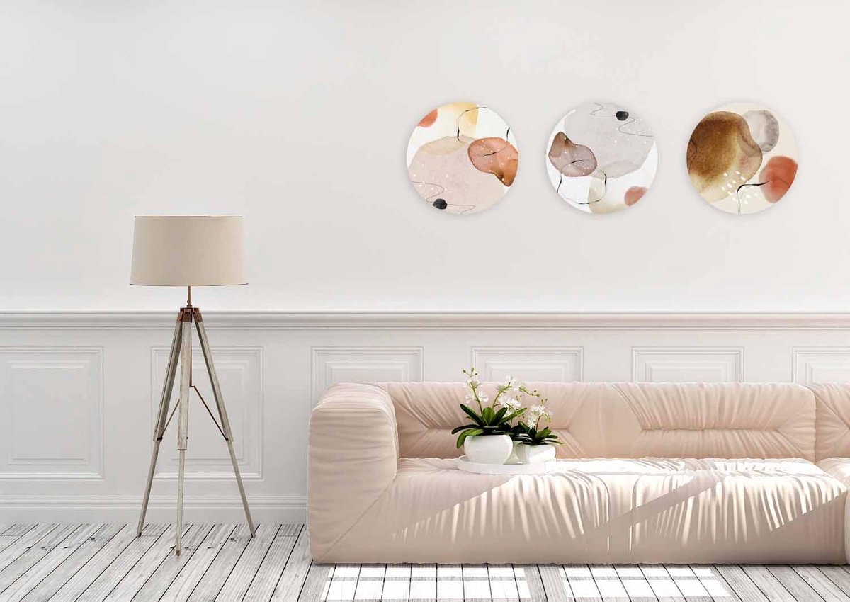 Schilderij - abstract - naturel/grijs - Collectie organic shape - Pure Metal - 50 cm rond