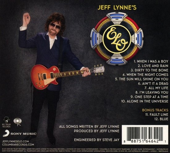 Jeff Lynne's ELO albumhoes met Jeff Lynne in een donkerblauw pak die een gitaar vasthoudt. Rechts het ELO-logo.