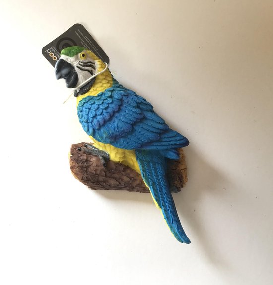 Beeldje papegaai Blauwgele Ara 14 cm voor wand bevestiging