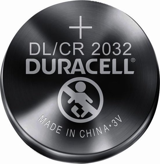 Duracell DL/CR 2032 batterij, met verboden teken voor kinderen.