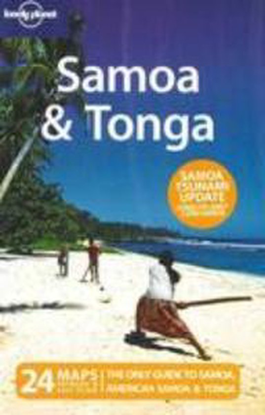 Lonely Planet gids voor Samoa & Tonga met een tropisch strand en 'Samoa Tsunami Update' cirkel.