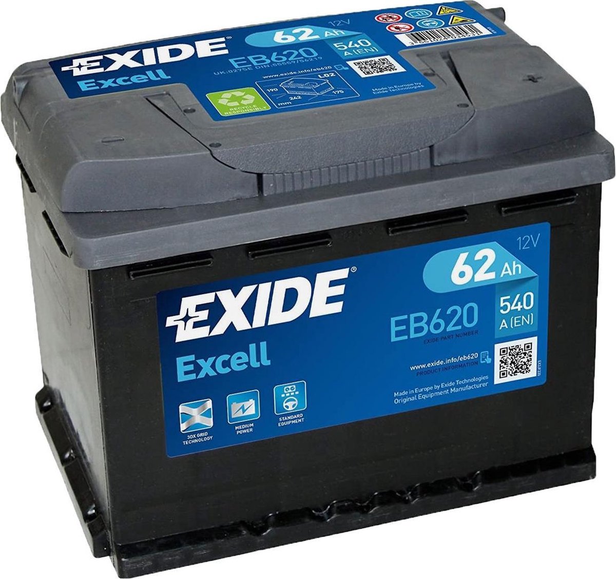 Exide Technologies EB620 Excell 12V 62Ah Zuur 3661024034531