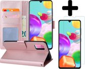 Hoesje Geschikt voor Samsung A41 Hoesje Book Case Hoes Portemonnee Cover Walletcase Met Screenprotector - Hoes Geschikt voor Samsung Galaxy A41 Hoes Bookcase Hoesje - Rosé goud