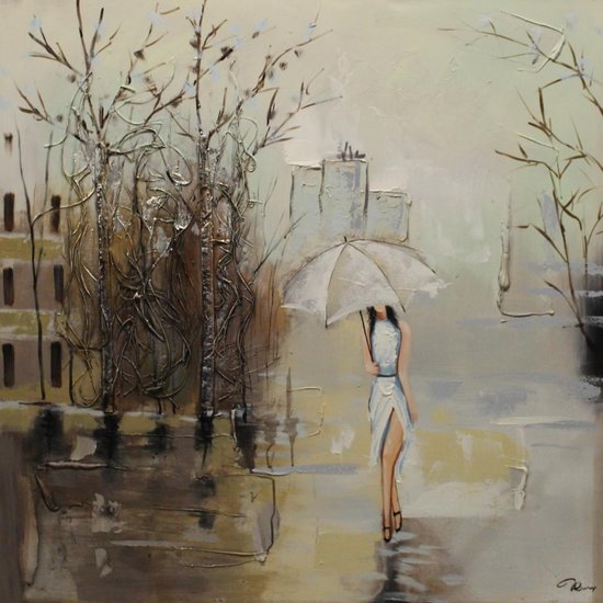 Olieverfschilderij canvas - schilderij vrouw in de regen - handgeschilderd - 100x100 - woonkamer slaapkamer