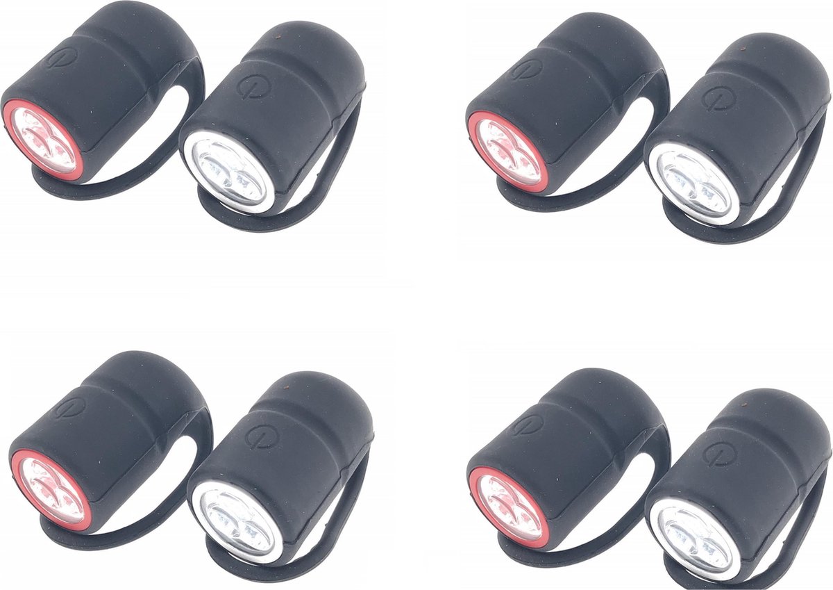 4x Fietslampen set waterdicht voorlicht en achterlicht - silicone / waterdicht - inclusief 4x knoopcelbatterij CR2032 - fietslampensetje - koplamp en achterlamp