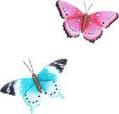 Set van 2x metalen tuin decoratie vlinders voor aan de muur/wand 37 cm - Muurvlinders/tuinvlinders tuindecoratie