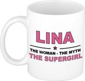 Naam cadeau Lina - The woman, The myth the supergirl koffie mok / beker 300 ml - naam/namen mokken - Cadeau voor o.a verjaardag/ moederdag/ pensioen/ geslaagd/ bedankt