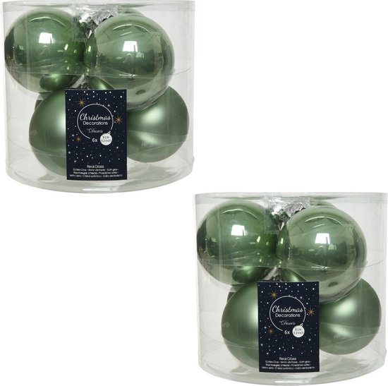 12x Salie groene glazen kerstballen 8 cm – glans en mat – Glans/glanzende – Kerstboomversiering salie groen