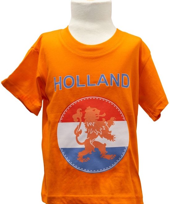 Oranje T-shirt met de tekst HOLLAND en een cirkel met de Nederlandse leeuw en vlag.