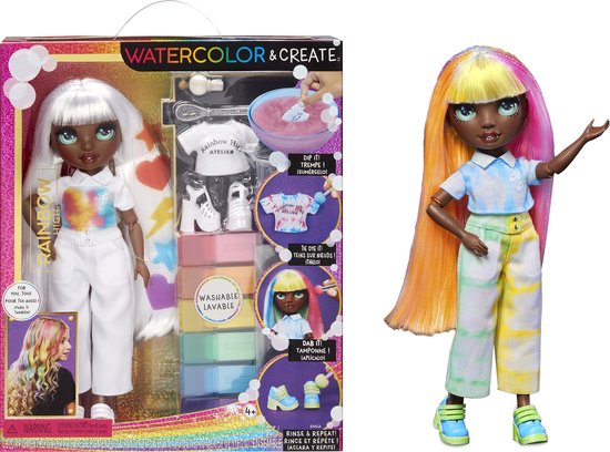 Rainbow High Watercolor & Create-modepoppen met uitwasbare waterverf in verschillende kleuren en knoopverfset, doe-het-zelf, extra top en schoenen. Kleuren, creëren, spelen, uitwassen en herhalen. Creatief 4-12+