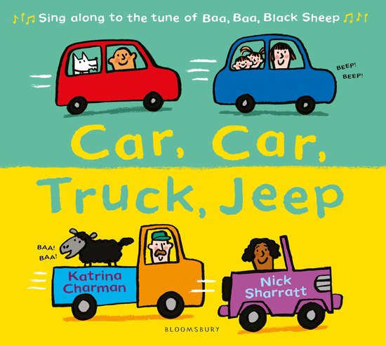 Boekomslag met de titel 'Car, Car, Truck, Jeep'. Vier voertuigen: een rode en blauwe auto, oranje truck en paarse jeep met kinderen, een hond en een schaap.