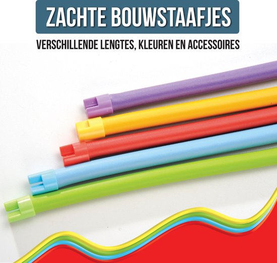 Zes zachte bouwstaafjes in paars, geel, rood, lichtblauw, groen en limegroen.