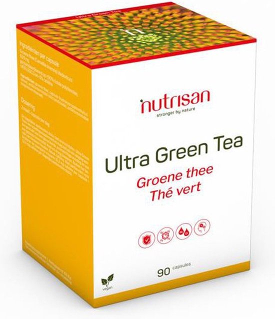 Nutrisan Ultra Green Tea verpakking, met de tekst 'Groene thee' en '90 capsules'.