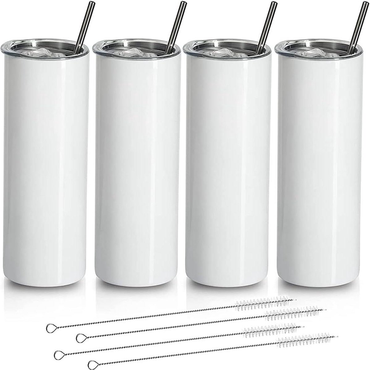 20 oz Slank Recht Roestvrij Staal Blanco Sublimatie Tumbler - Met Deksel en Stro Halm - 4 Pack