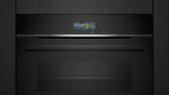 Detail van het bedieningspaneel van een zwarte Siemens oven.