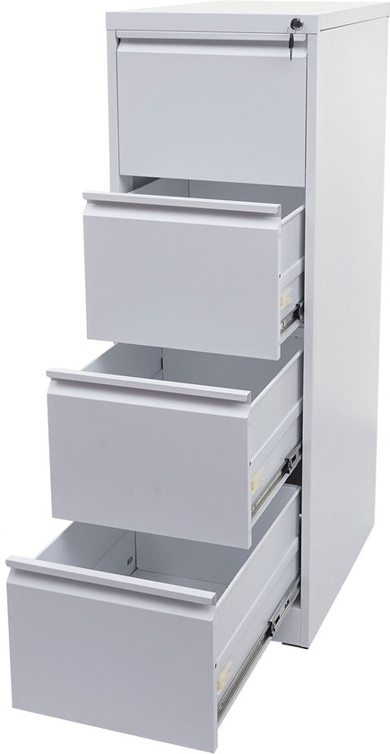 Witte metalen archiefkast met vier open lades.