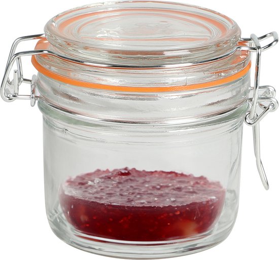 Bocal en verre avec confiture rouge, joint en caoutchouc orange et fermeture à levier en métal, 200 ml.