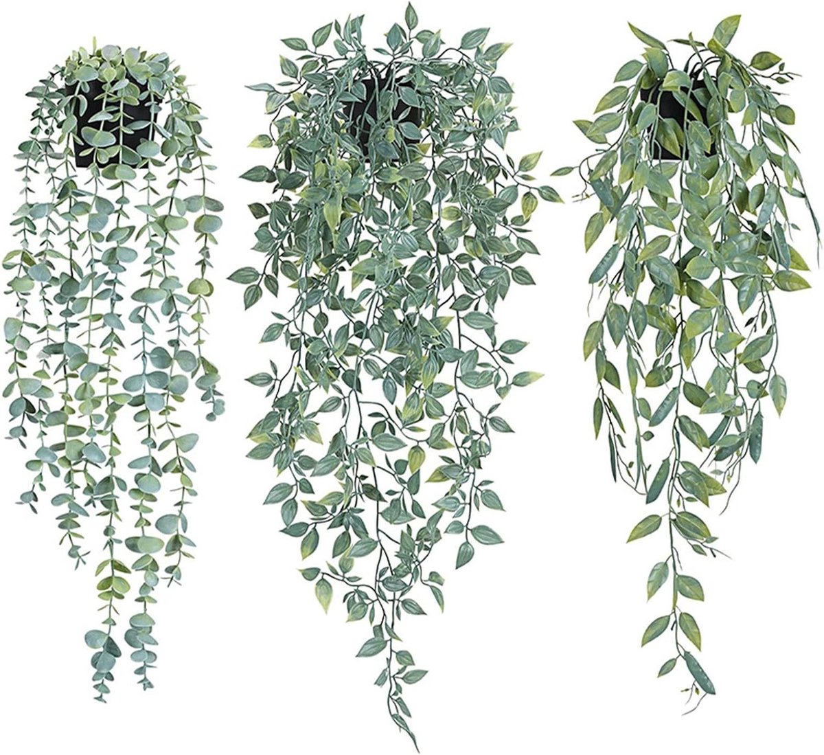 sojupcal Opknoping nep planten - 3 Pack Trailing Faux Planten - Groene Kunstmatige Hangende Planten voor Binnen en Buiten - Decoratieve Kunstplanten met Potten