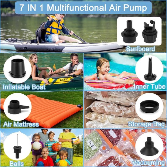 Elektrische luchtpomp, USB-pomp met 3 luchtsproeiers, 2-in-1 opblazen en leeg laten lopen, elektrische pomp, powerpomp voor opblaasbaar luchtmatras, matras, kussen, bed, boot, zwemring