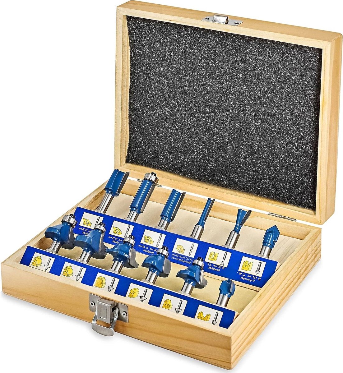 Freesset HM schacht 8mm | Houten koffer | Gesmeed gereedschapsstaal | HM snij-inzetstukken | Houten kistje | Set 12 stuks