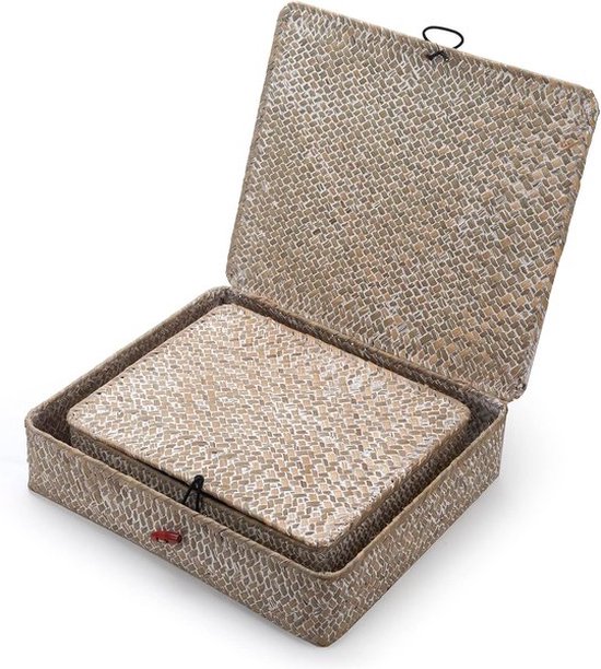 Rotanmand, opbergmand van zeegras met deksel, natuurlijk materiaal (witte was klein, 26 cm x 14 cm x 11 cm H