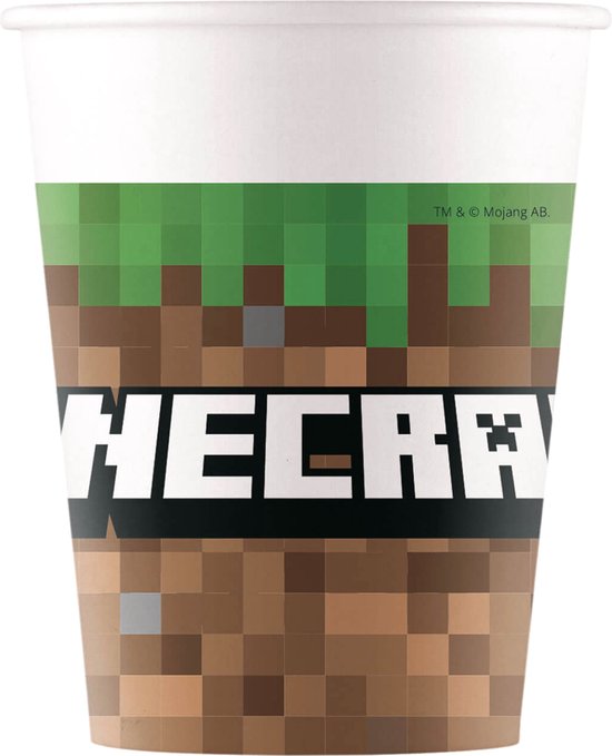 Papieren beker met Minecraft-print en groen gras bovenaan.