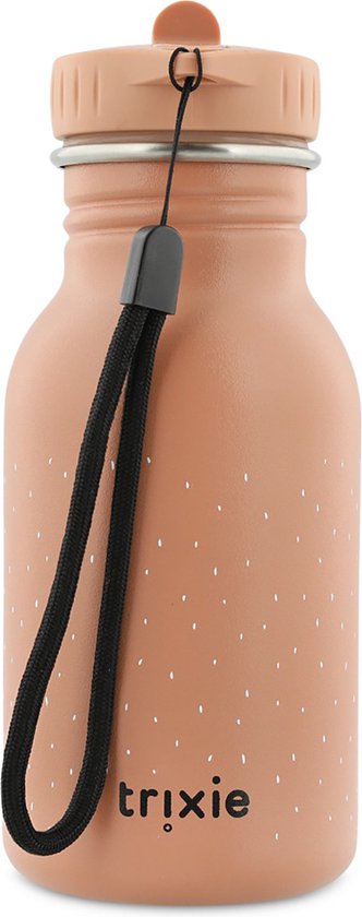 Roze Trixie waterfles met kleine witte stippen en een zwart koord.