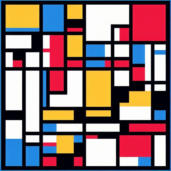 Pixel art mondriaan schilderij | Geometrische pixels dansen in een Mondriaan-geïnspireerd meesterwerk | Kunst - 100x100 centimeter op Dibond | Foto op Dibond