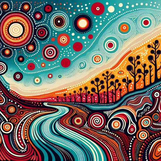 Acryl aboriginal schilderij | Vibrant Dreamtime: A Contemporary Fusion of Culture and Color | Kunst - 100x100 centimeter op Dibond | Foto op Dibond