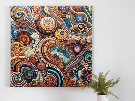 Olieverf aboriginal schilderij | Primitieve kleuren dansen over het canvas van traditionele kunst | Kunst - 100x100 centimeter op Dibond | Foto op Dibond