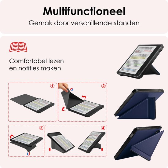 Hoes Geschikt voor Kobo Libra Colour Hoesje Bookcase Cover Book Case Hoes Sleepcover Trifold Met Screenprotector - Donkerblauw van Casylt — afbeelding 3