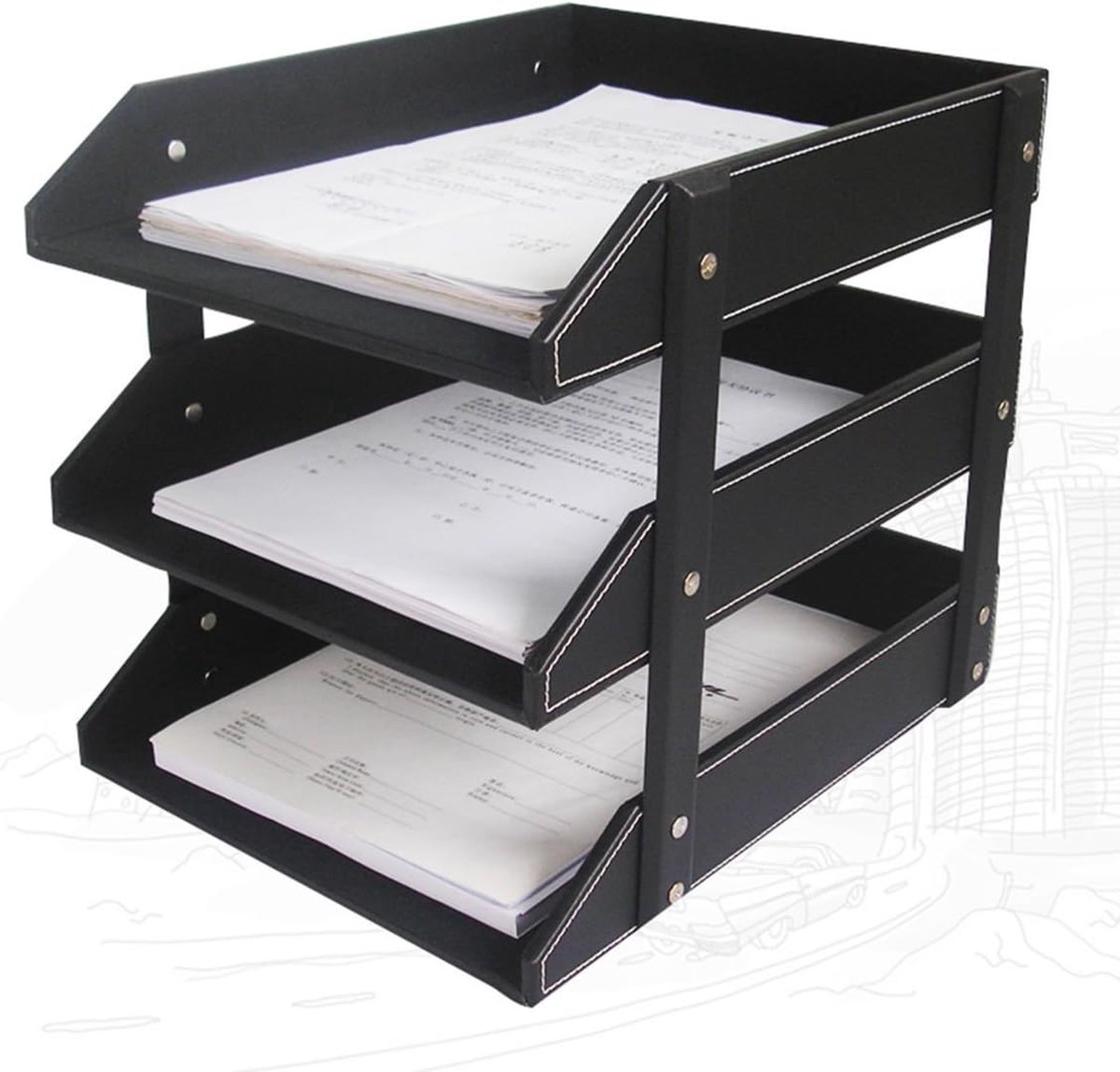 Trjgtas PU lederen collectie brieven, document bureau organisator, stapelbaar kantoor document houder (zwart
