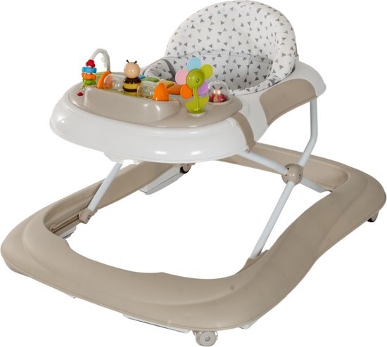 Beige loopstoel met zitting met driehoekjes en kleurrijke speeltjes.