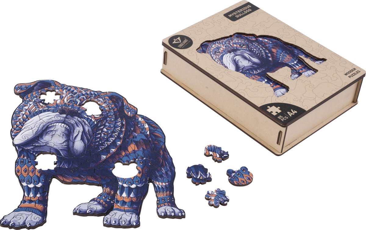 Houten Puzzel Bulldog – 85 Unieke Puzzelstukjes – A4 Formaat Houten Legpuzzel – Dieren Puzzelspel – Compact Denkspel – Inclusief Opbergetui – Engelhart — afbeelding 11