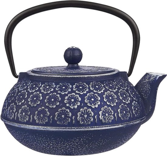 Gietijzeren theepot met uitneembare theezeef in Tetsubin-stijl, 1 liter, blauw Gietijzeren theepot met uitneembare theezeef in Tetsubin-stijl, 1 liter, blauw