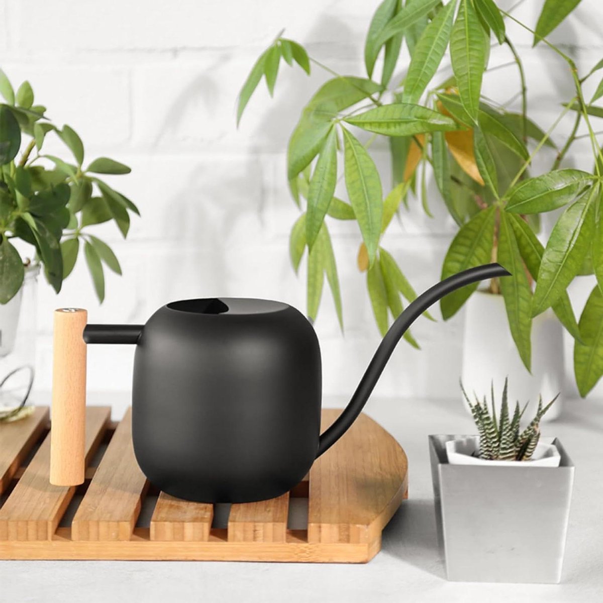 Roestvrijstalen gieter voor binnen - 12 liter - met houten handvat - lange dunne schenktuit - voor kamerplanten en vetplanten