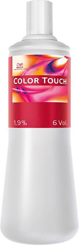 Fles Wella Color Touch Emulsion 1,9% 6 VOL. met roze en oranje kleurverloop.