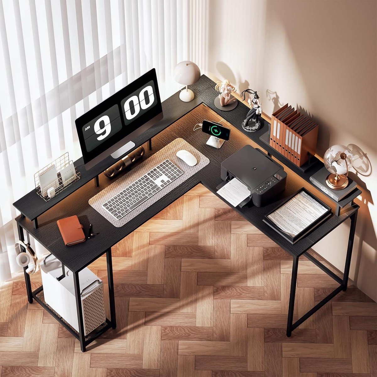 Bureautafel U-vormig met 4 laden en stopcontacten- USB gamingbureau LED