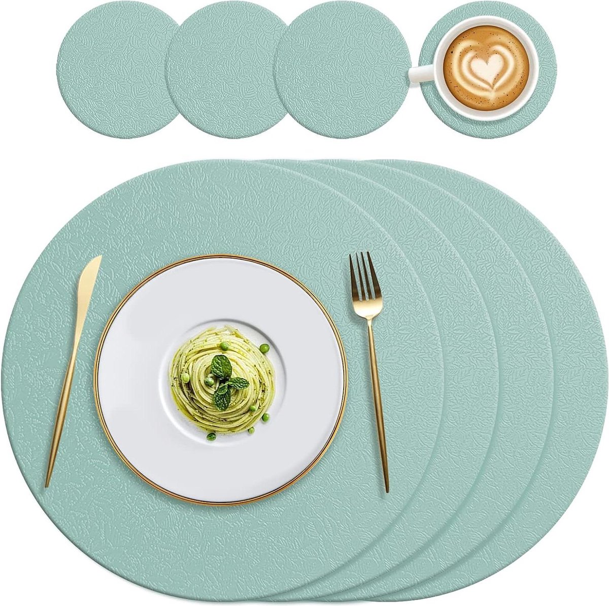 Image of 4 ronde siliconen placematten en onderzetters set - hittebestendige placemats - antislip en wasbaar - tafelmatten voor binnen en buiten - lichtgroen - restaurant glazen eettafel