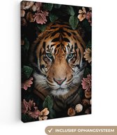 Schilderij tijger - Tijger - Bloemen - Close-up - Bladeren - Tijger canvas - Foto op canvas - Wanddecoratie - 90x140 cm